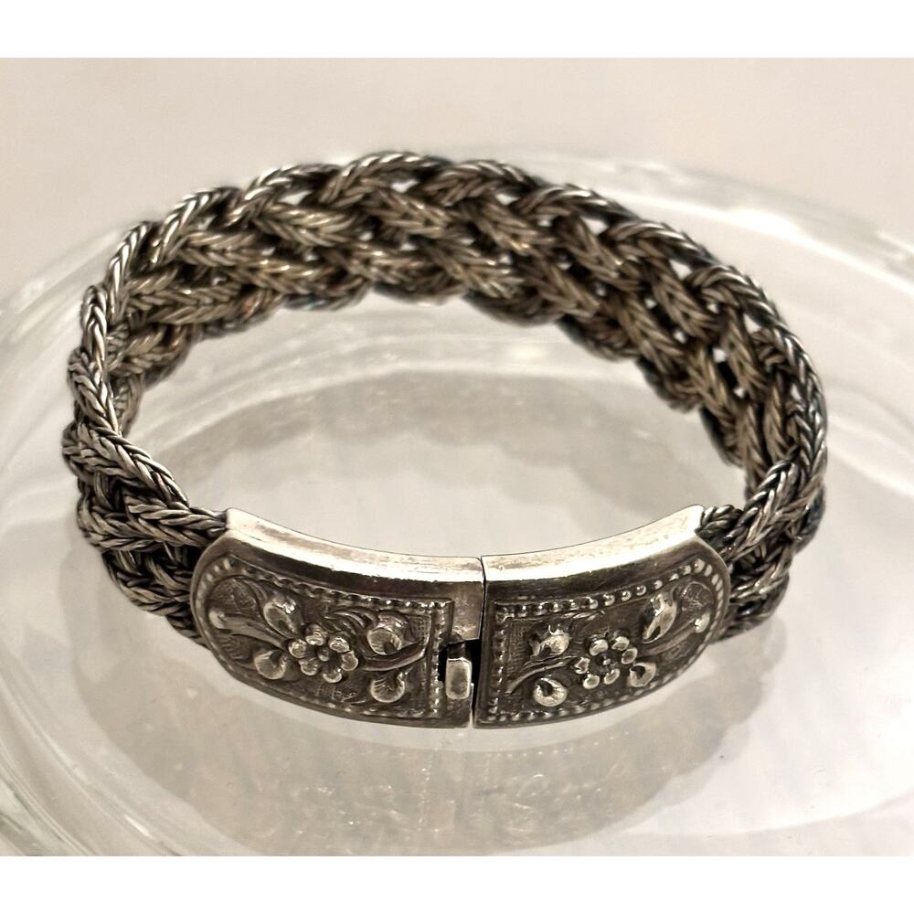Vintage Sterling Silver Floral Clasp Braided 8” Bracelet 60g - Picture 4 of 7